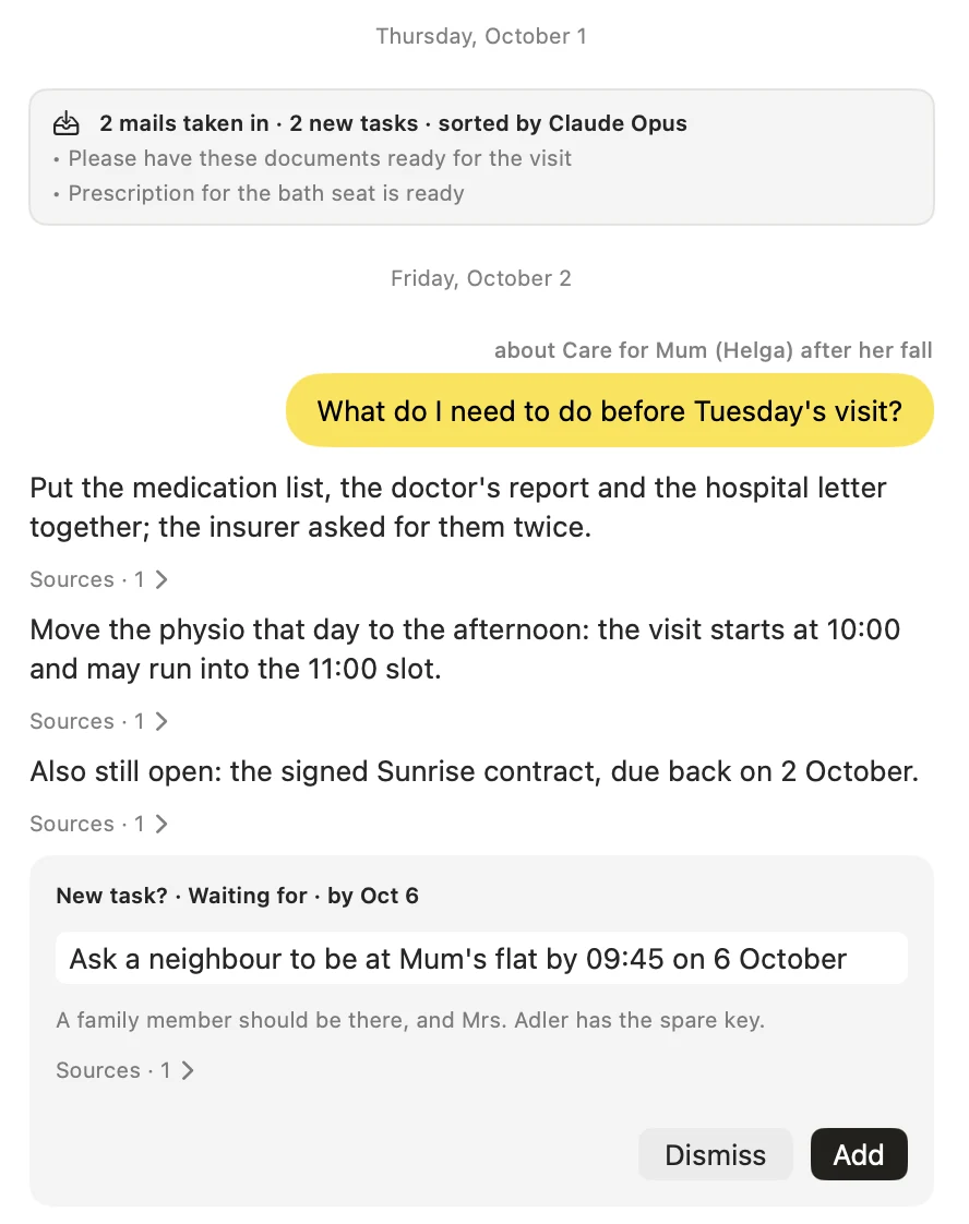 The assistant answering: what do I need to do before Tuesday’s visit? Each answer has its sources, and a suggested task can be added
