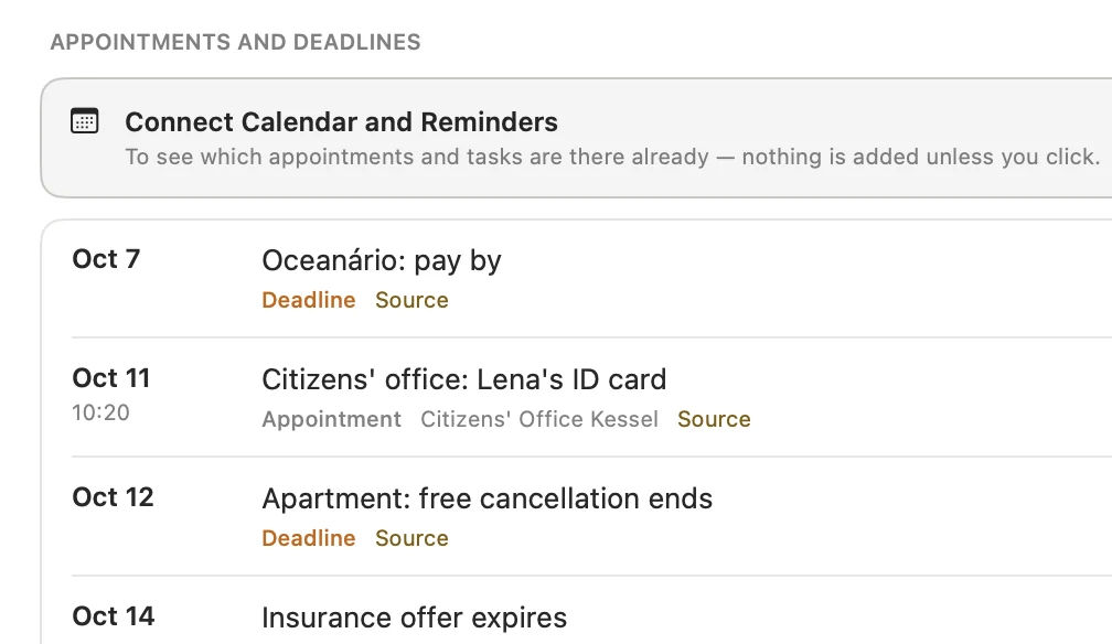 Appointments and deadlines; once Calendar is connected, each one can be added with one click