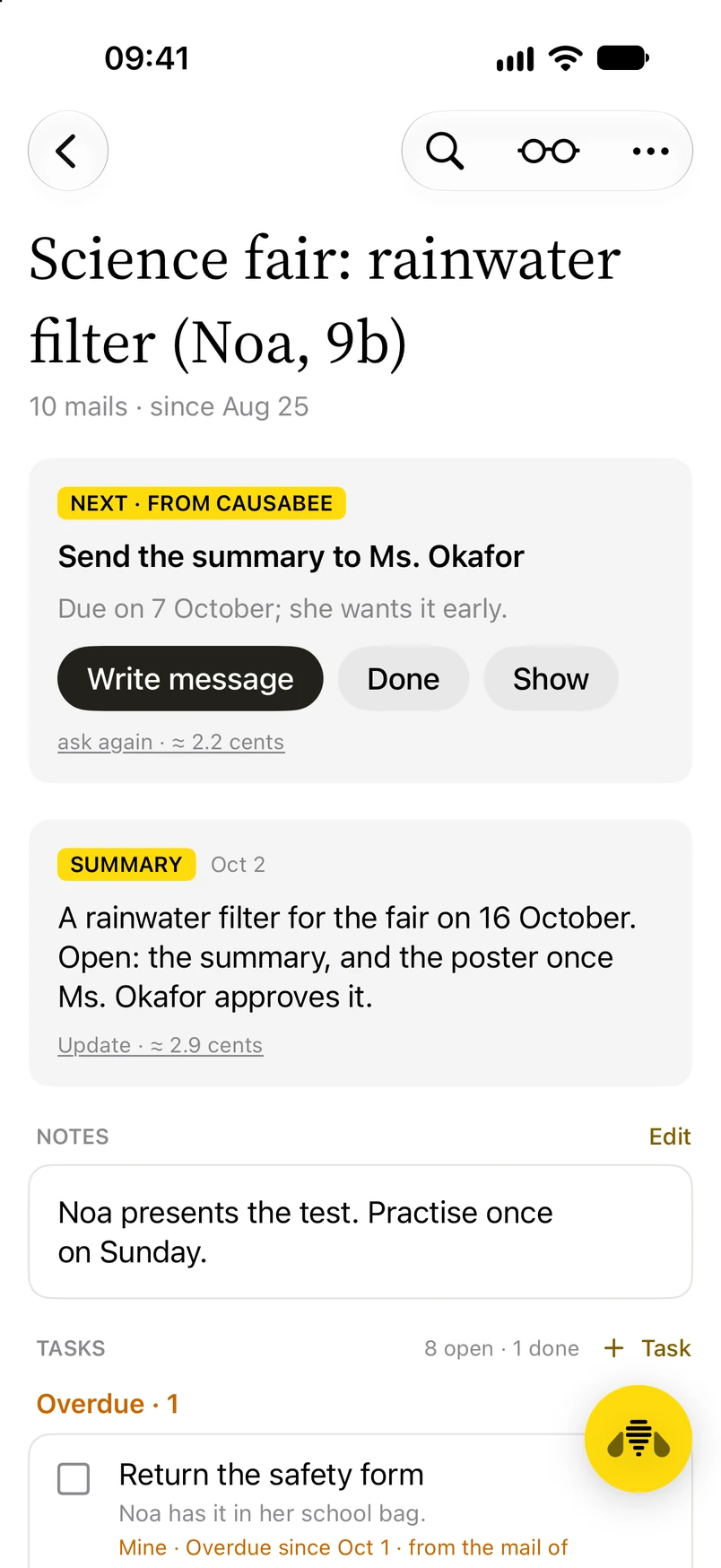 A matter on iPhone: the next step on top, with Write message, Done and Show, then the summary and your notes