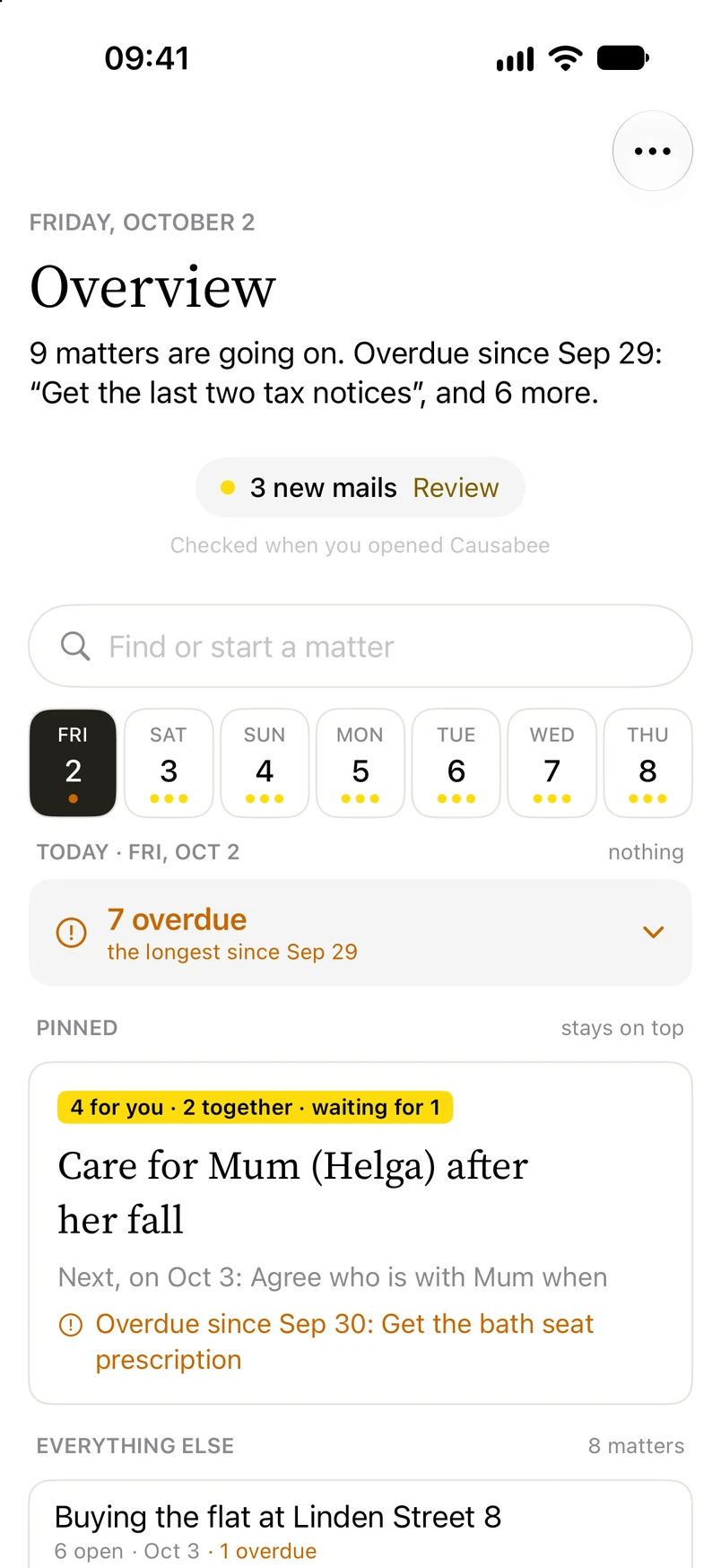 The overview on iPhone: new mail waiting as “3 new mails · Review”, the next seven days with a dot for each thing, today’s “7 overdue”, and the care matter pinned on top as its card
