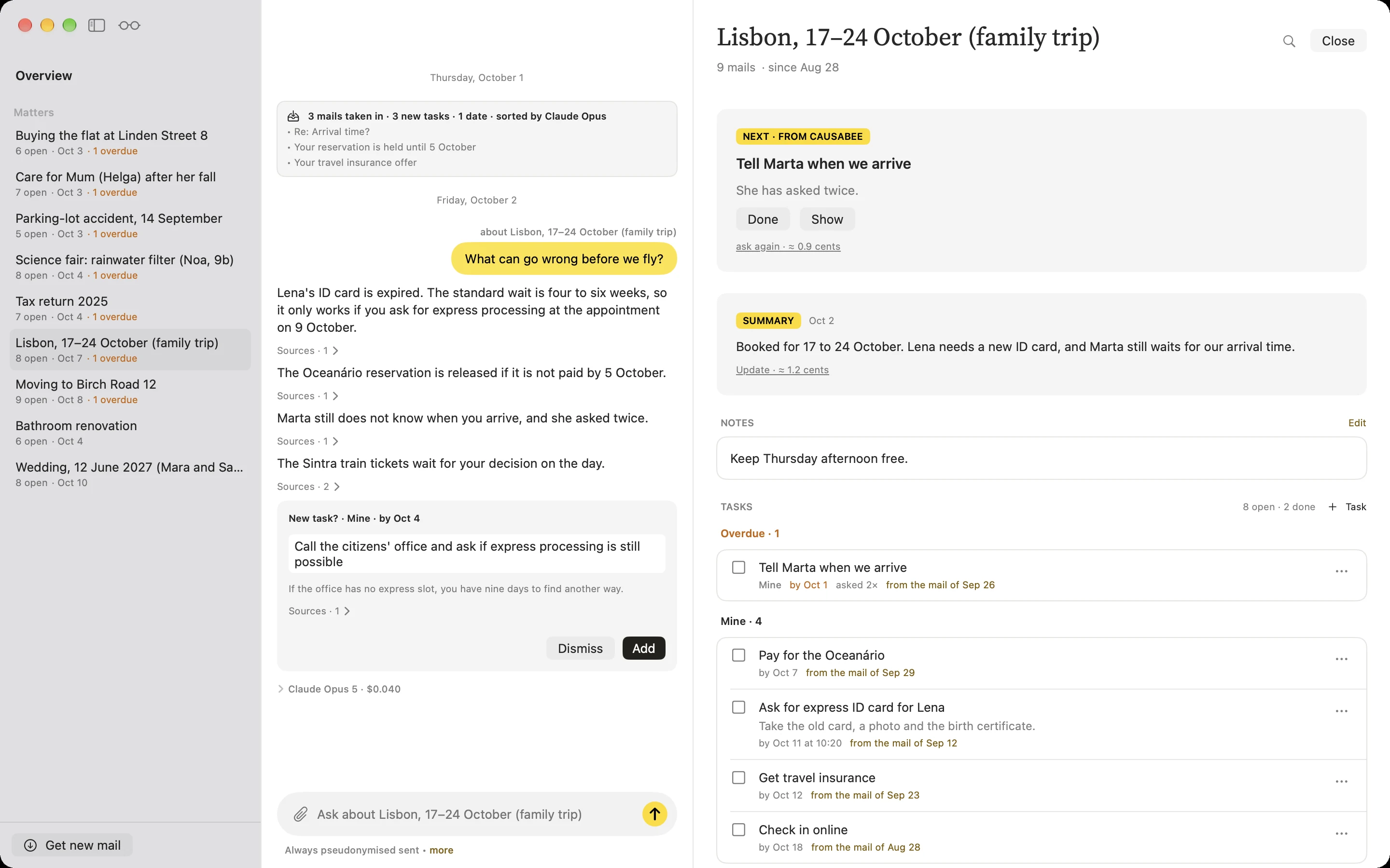 A matter page for a family trip to Lisbon, with the assistant on the left and the next step, summary, notes and tasks on the right