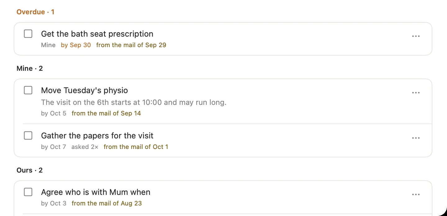 Tasks, each marked with the mail it came from